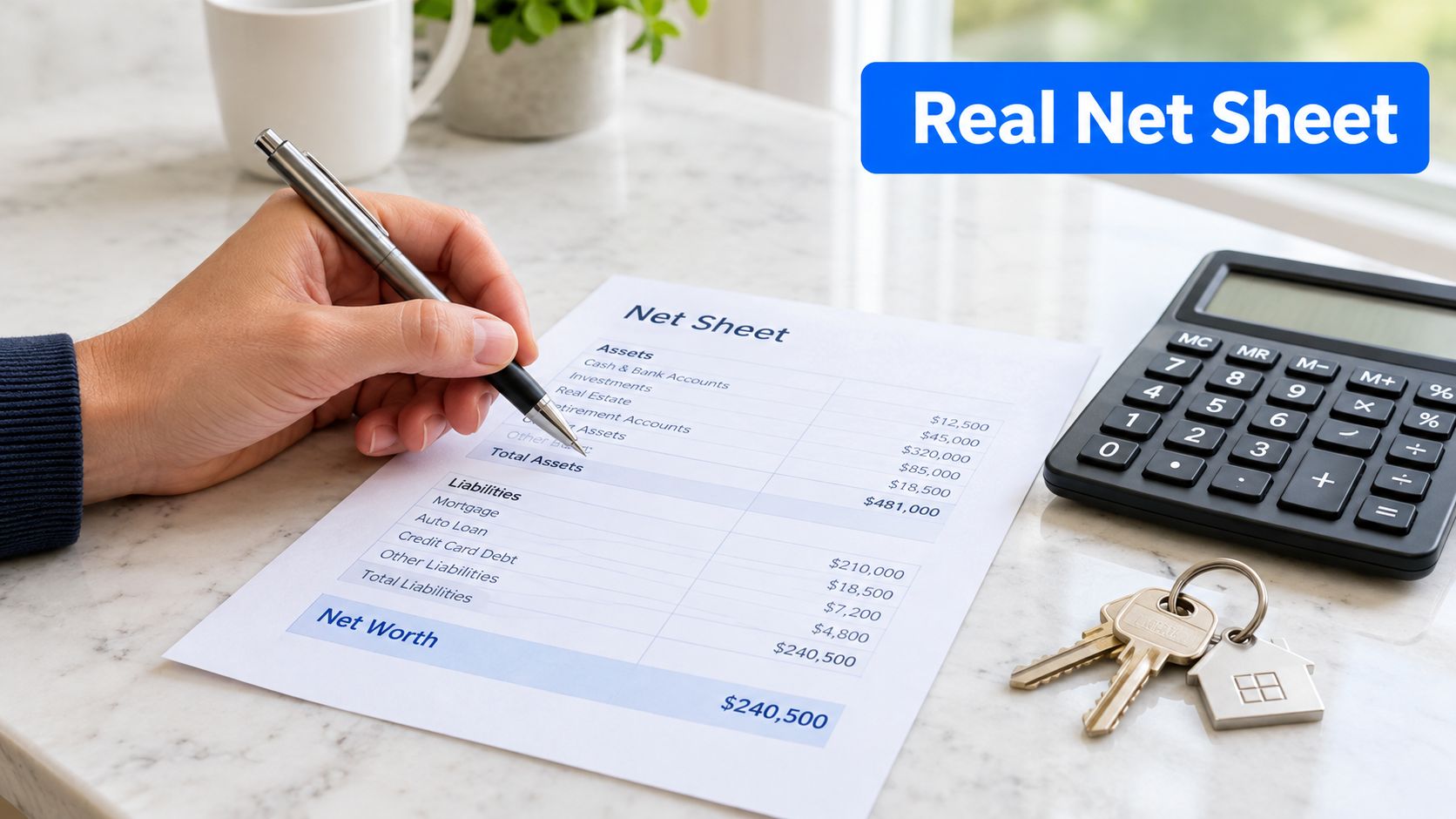 A hand filling out a net sheet financial document with a pen next to a calculator and keys.