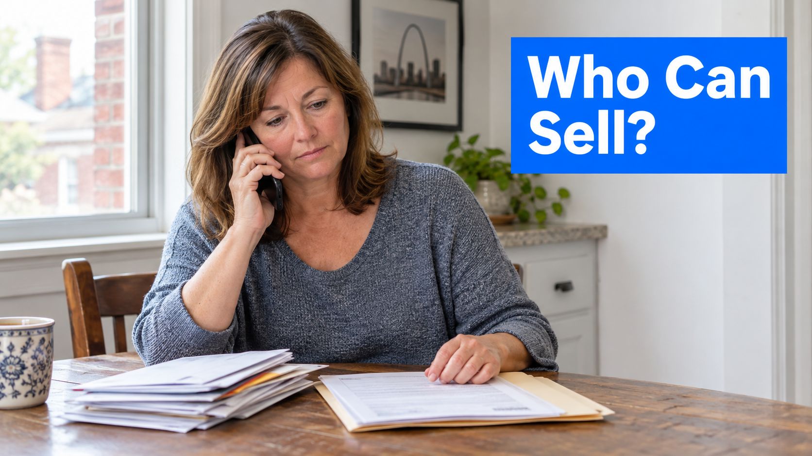 A woman talking on the phone while reviewing paperwork in a home office setting in St. Louis.