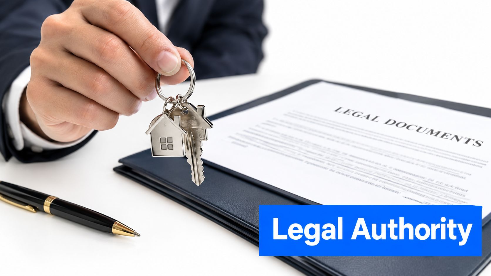 A professional holding house keys over legal documents during a real estate closing transaction in an office.