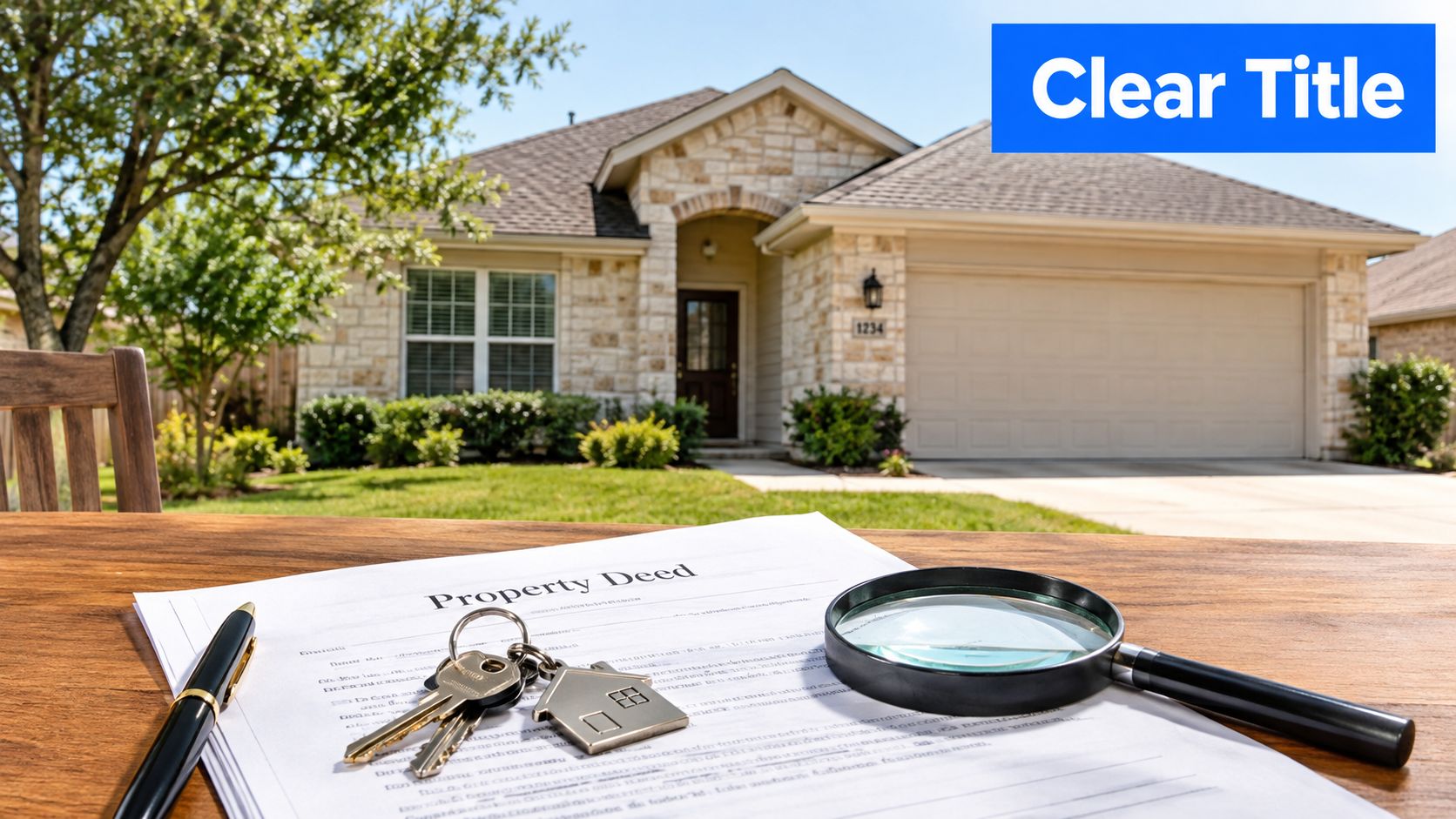 A property deed, keys with a house keychain, and a magnifying glass on a table before a house.