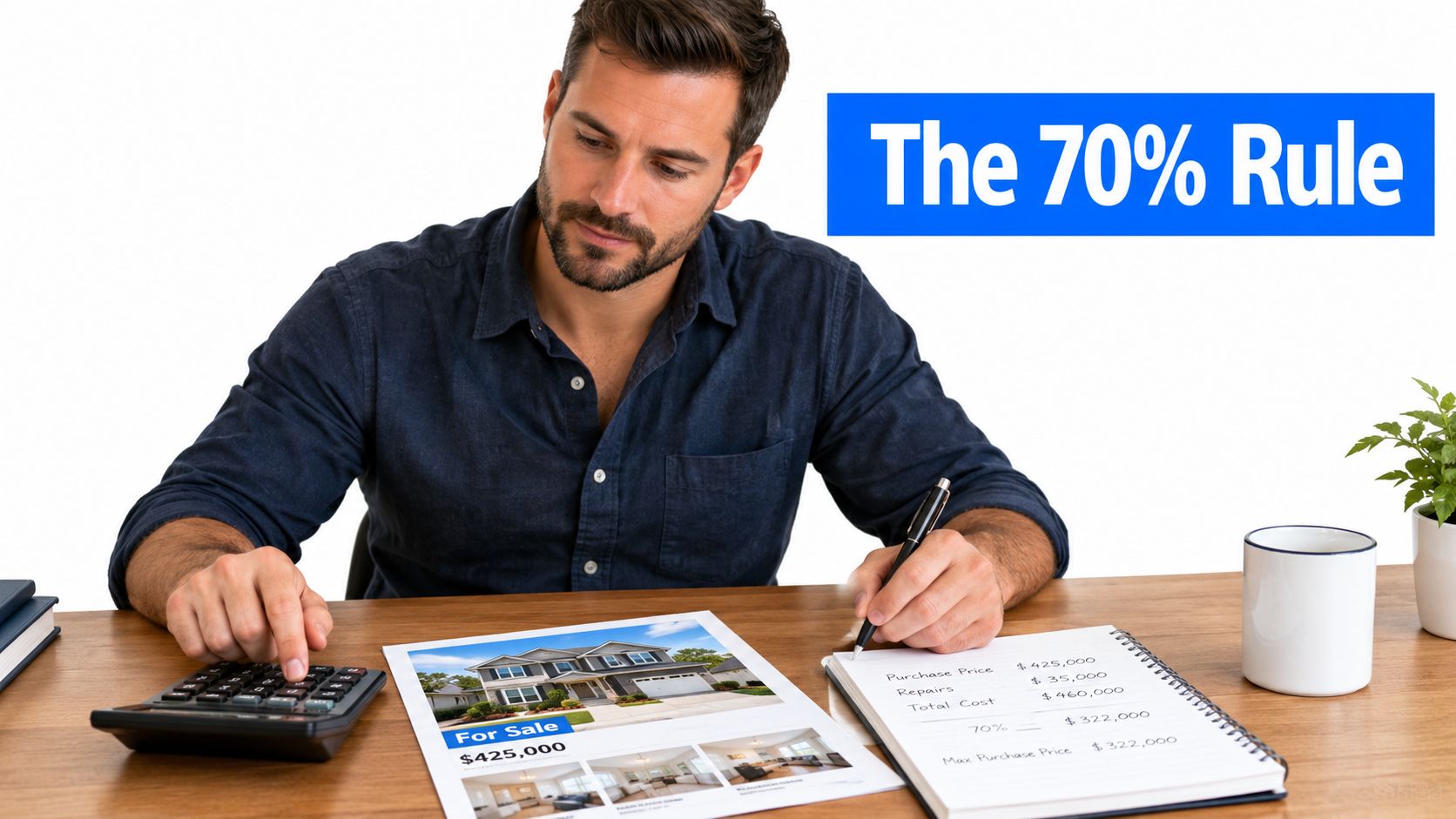 A man calculates real estate investment numbers at a desk using the 70% rule for flipping houses.