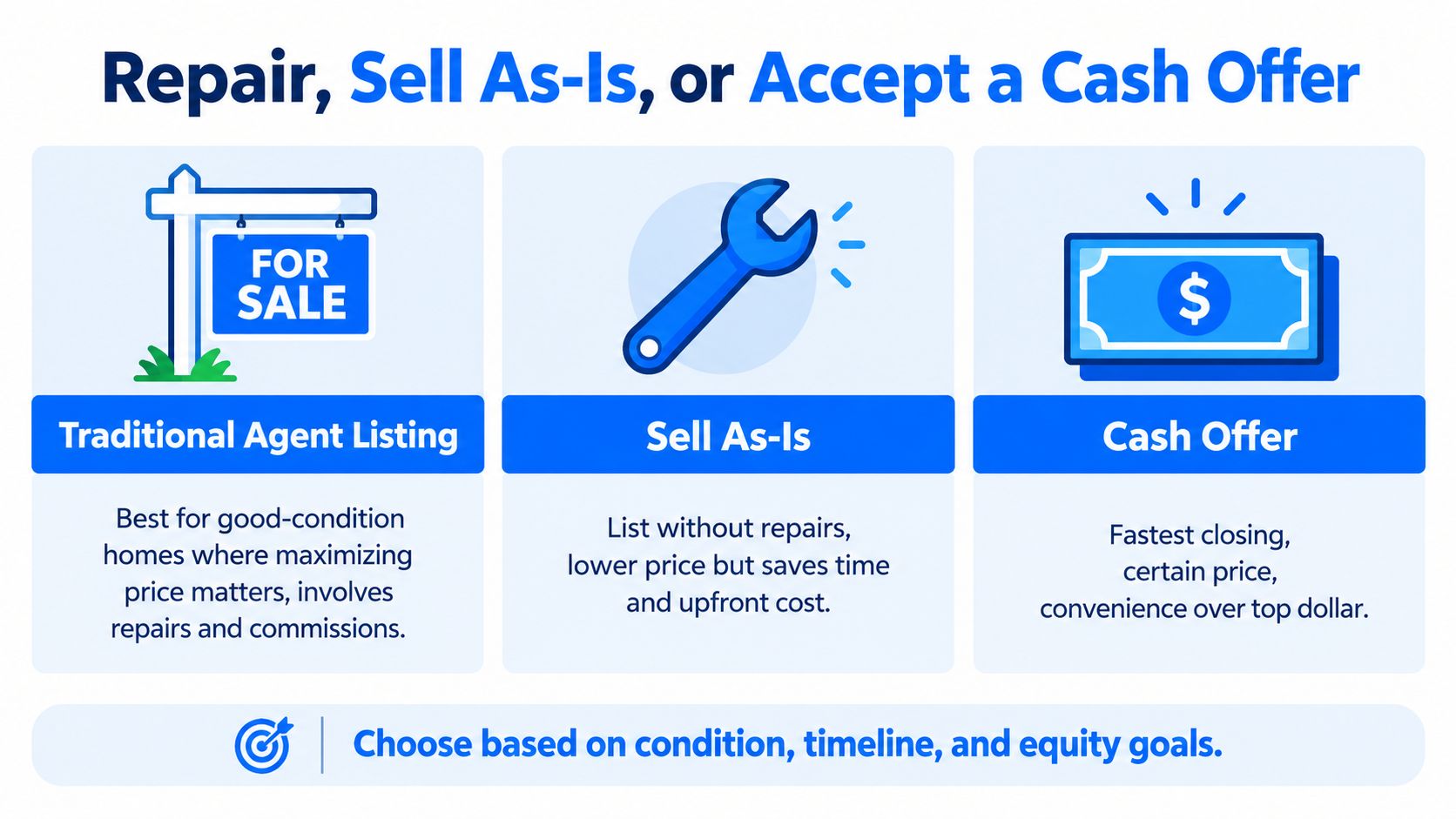 A comparison chart showing three real estate options: traditional agent listing, selling as-is, and cash offers.