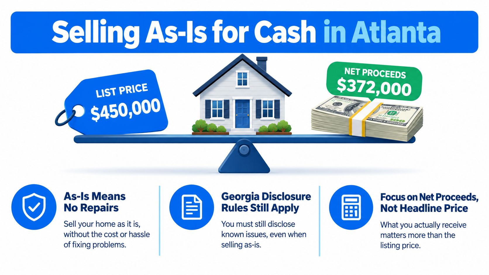 A graphic explaining the financial difference between a house list price and the actual net cash proceeds.