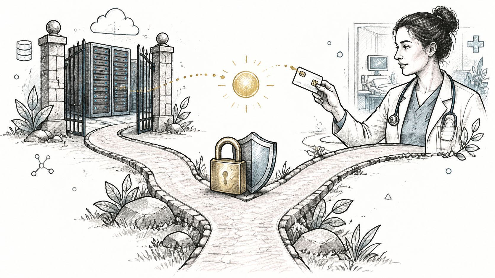 A digital illustration showing a doctor using a credit card to connect with a secure medical server.