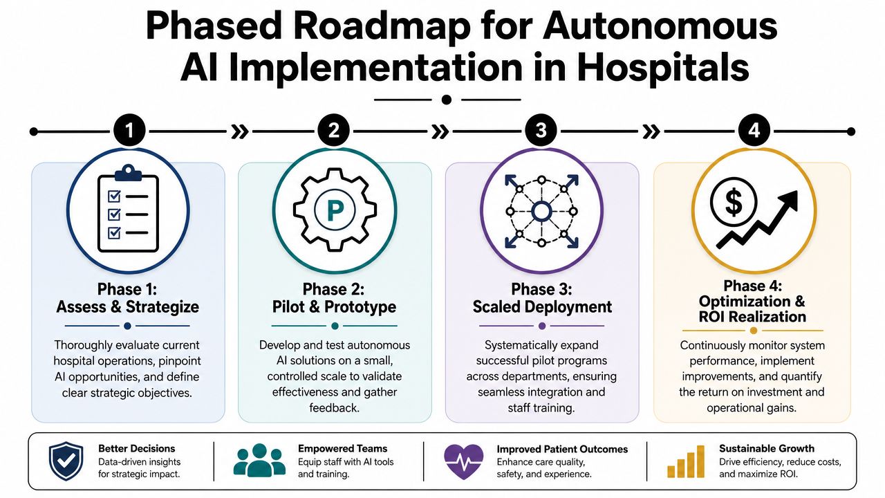 A four-phase roadmap illustrating the process of implementing autonomous AI systems within hospital operational workflows.