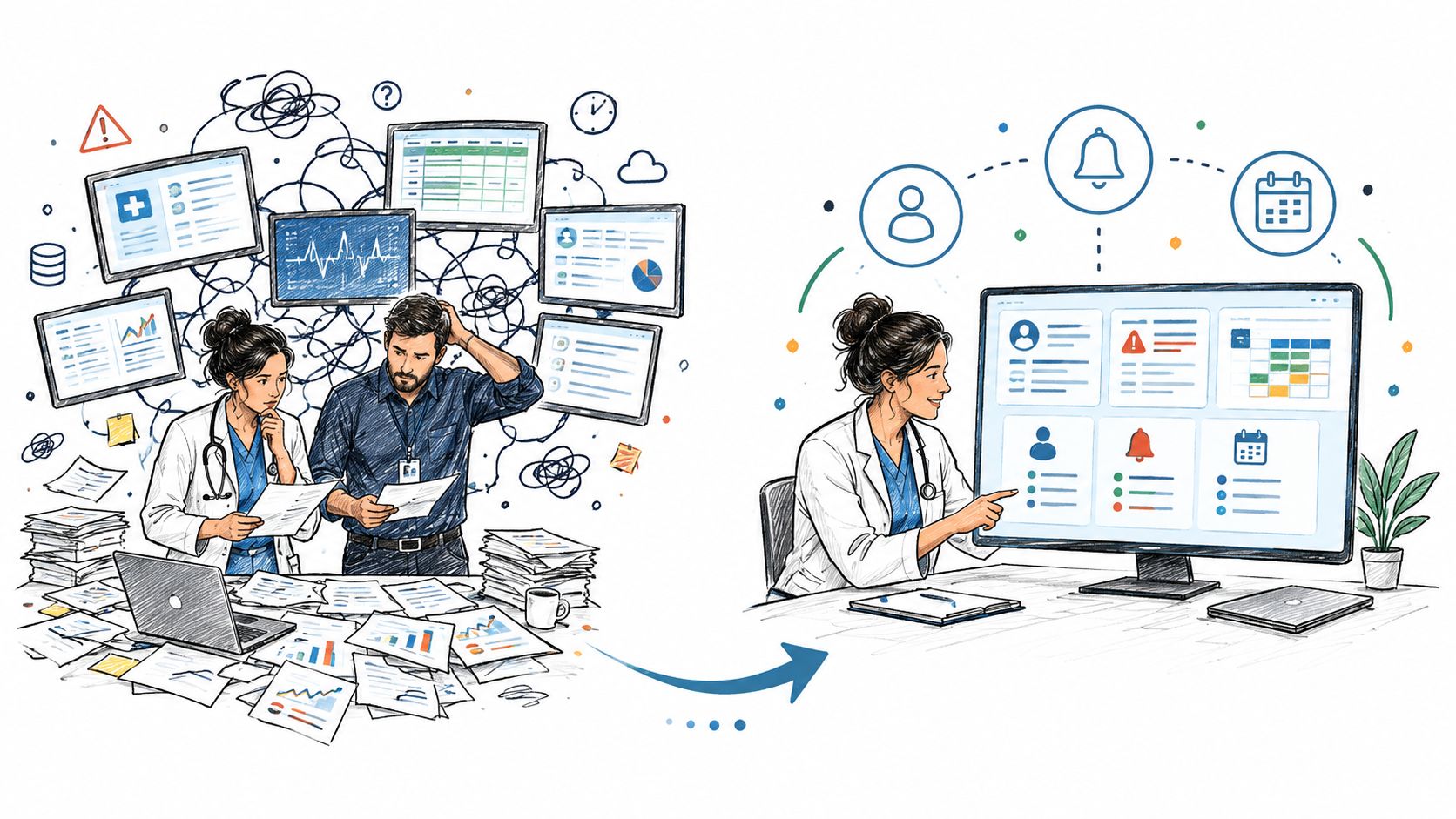 A split illustration comparing chaotic, paper-heavy healthcare processes with an organized, streamlined digital dashboard solution.