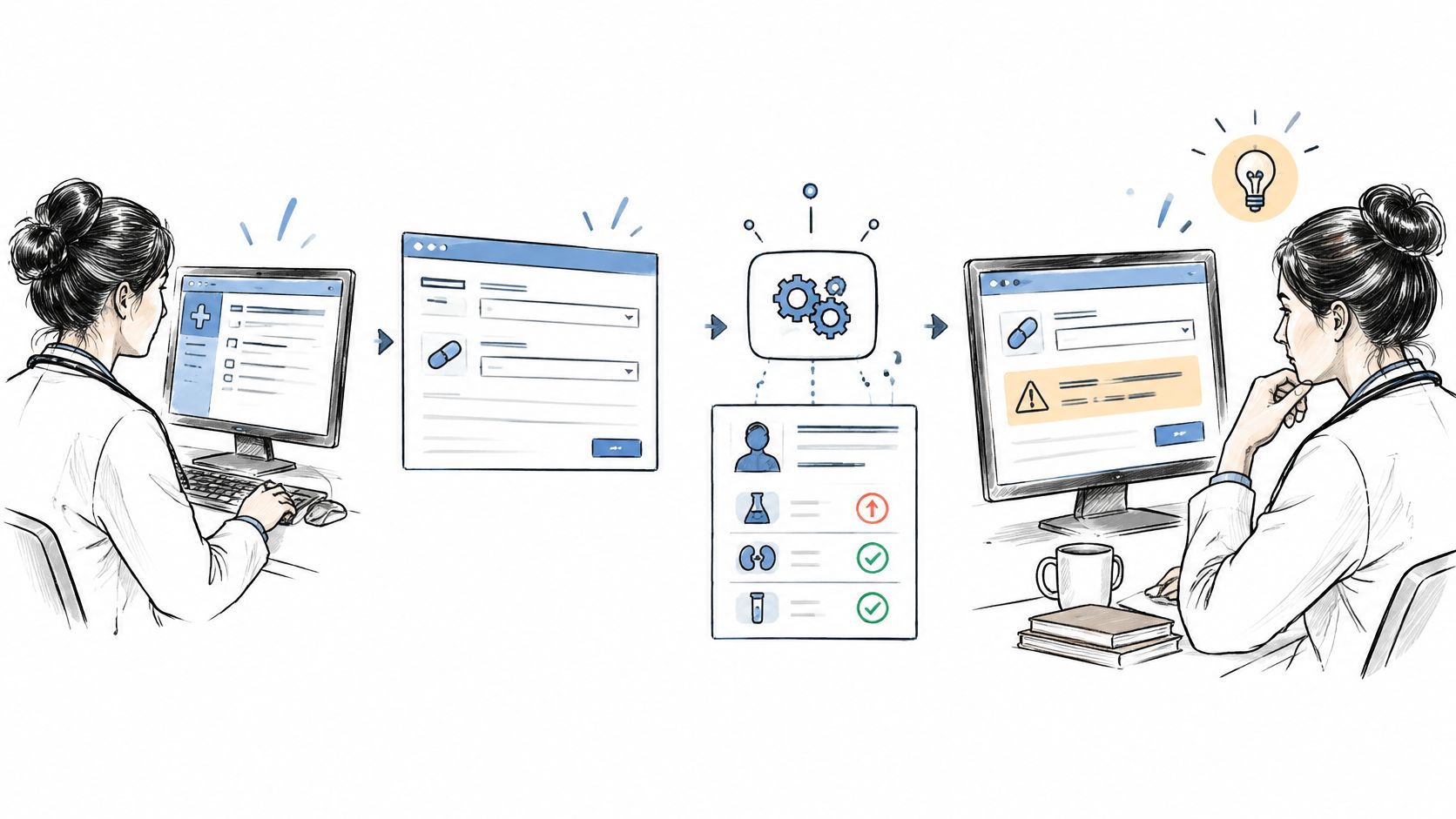 A medical professional reviewing patient data through a Clinical Decision Support system with automated alerts.