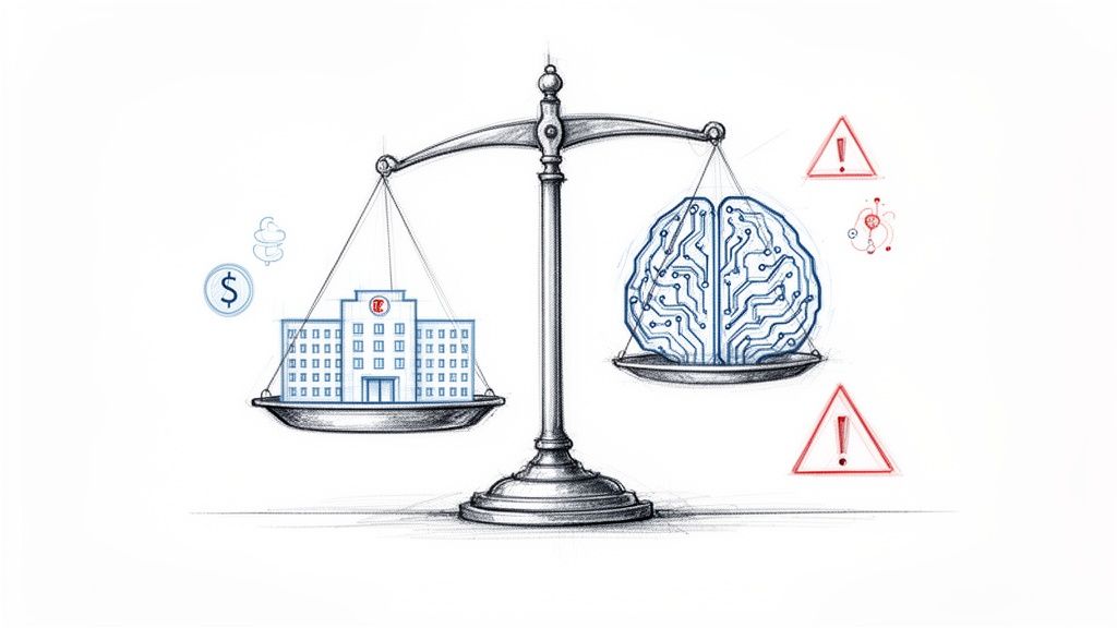 Illustration of a balance scale comparing healthcare institutions and finances with AI technology and its potential risks.