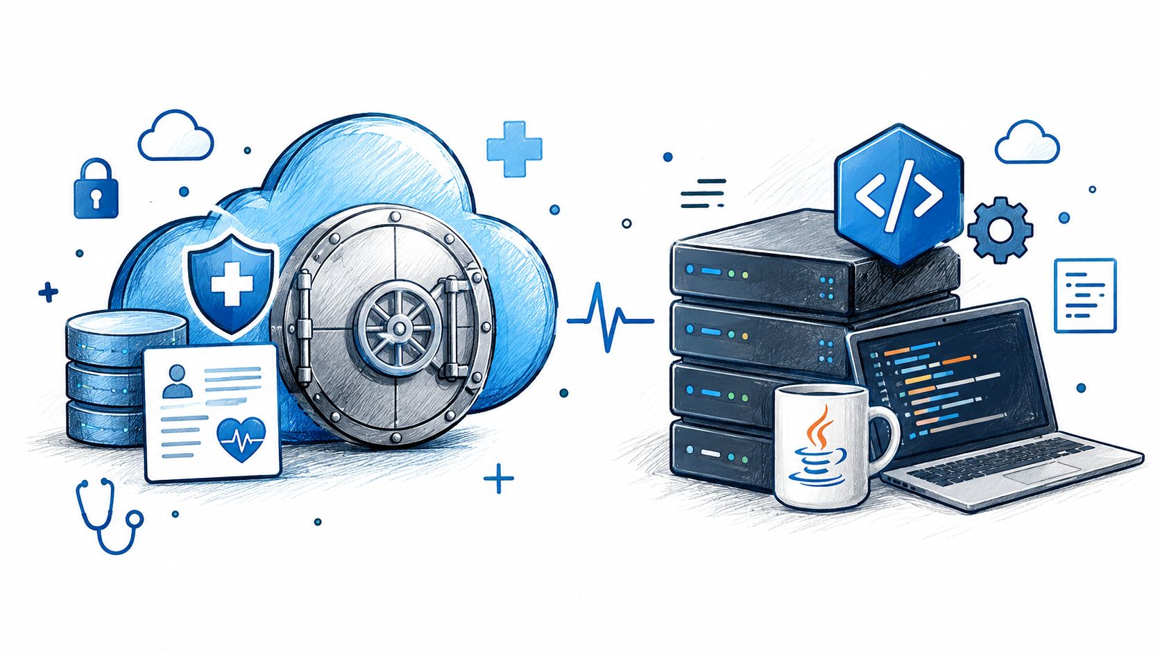 A digital illustration showing a secure cloud health data vault connected to a server with code and Java.