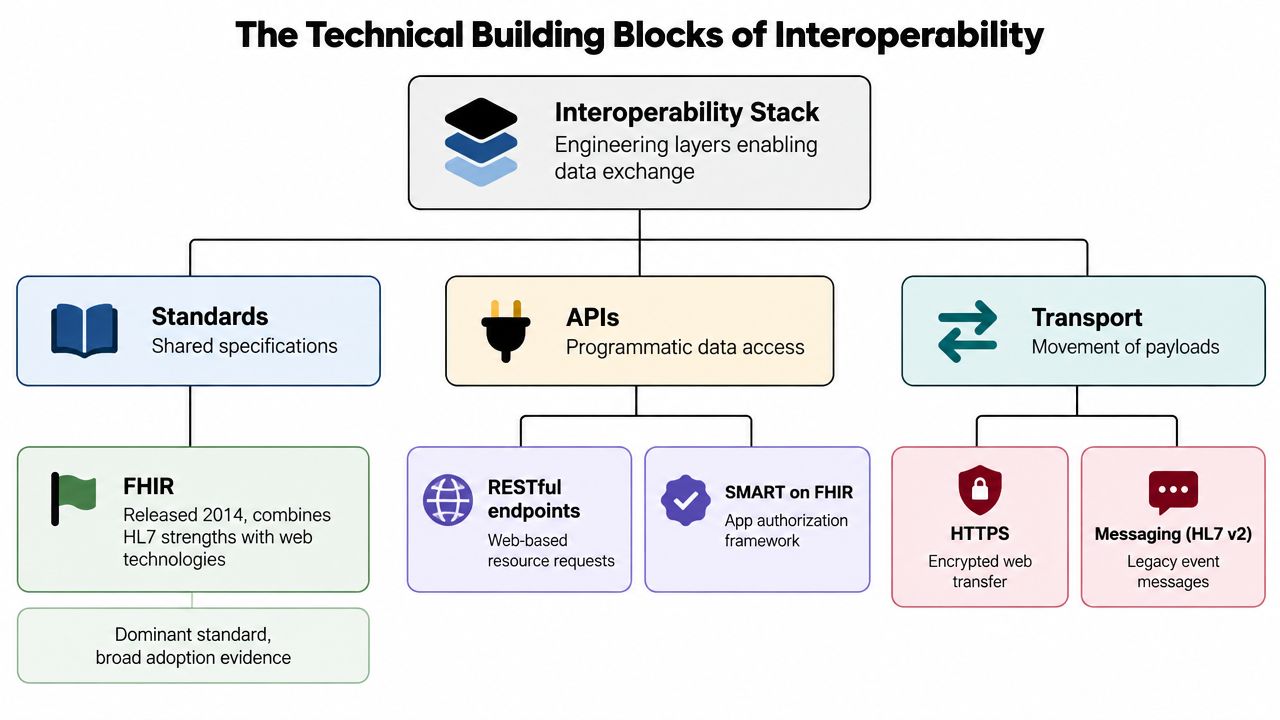A diagram illustrating the technical building blocks of healthcare interoperability including standards, APIs, and transport layers.