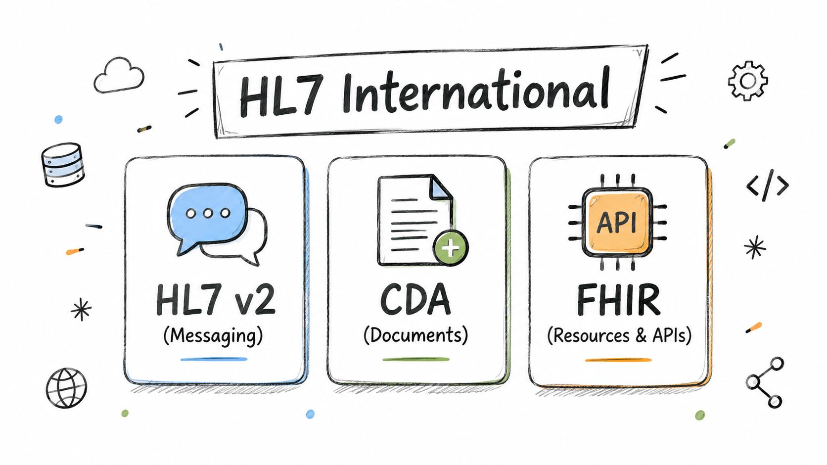 An infographic showing the three main health data standards from HL7 International: HL7 v2, CDA, and FHIR.