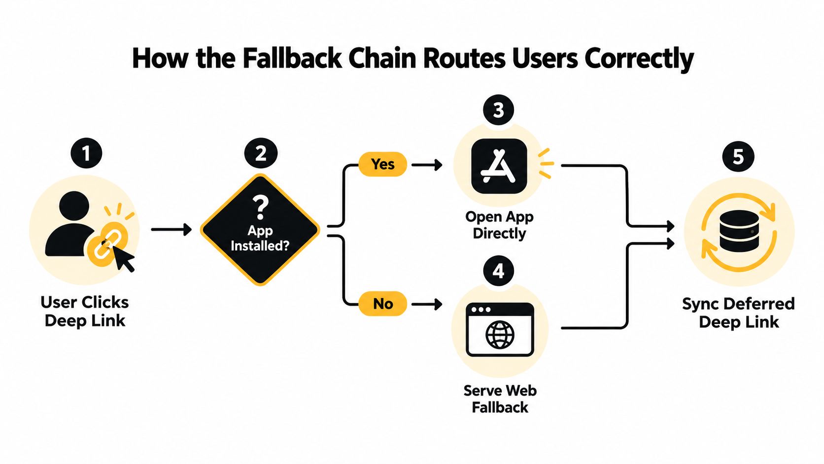 A diagram illustrating the fallback chain process for routing users when clicking a deep link.