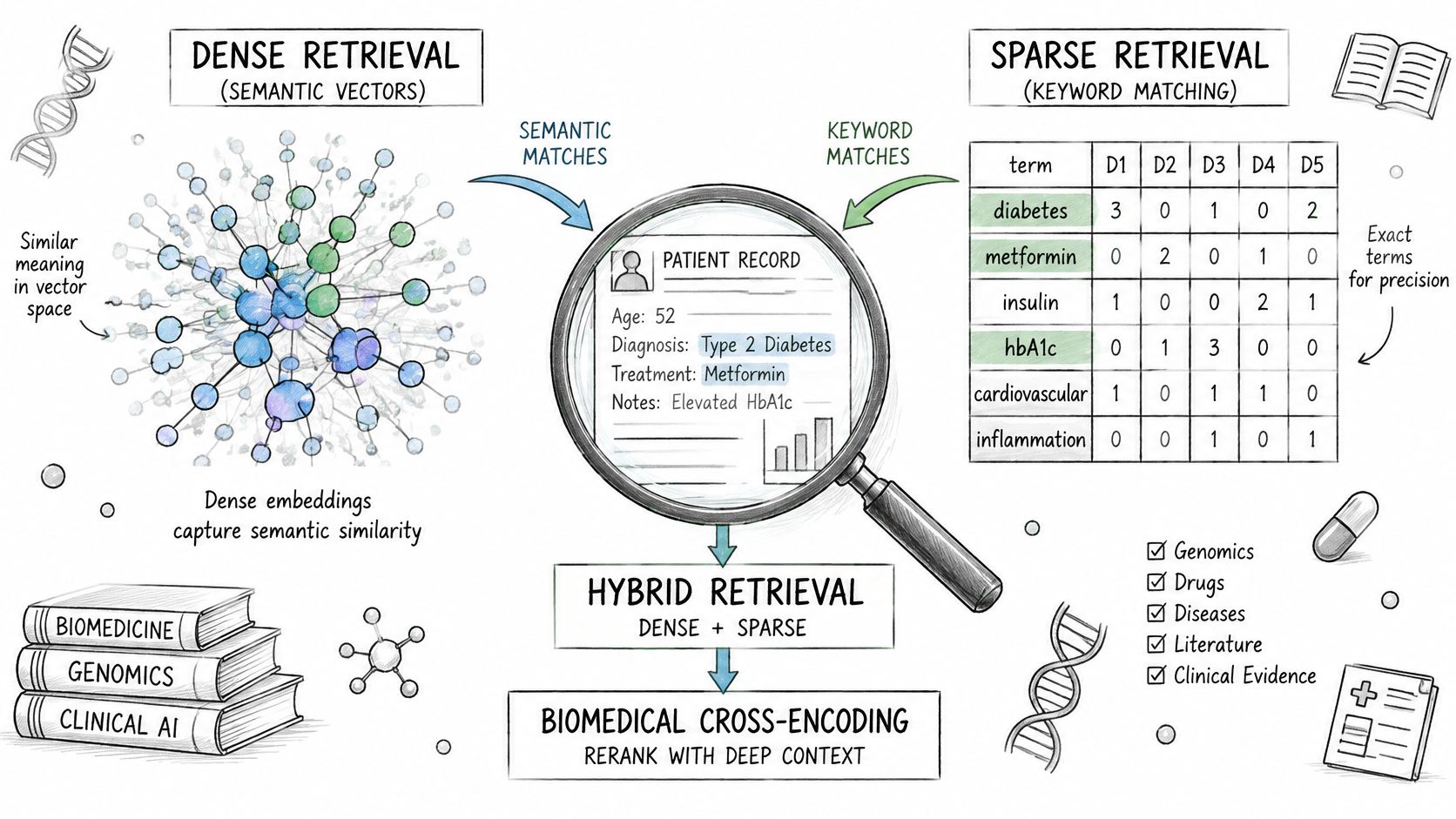 A diagram comparing dense and sparse retrieval methods for processing clinical patient records and medical data.