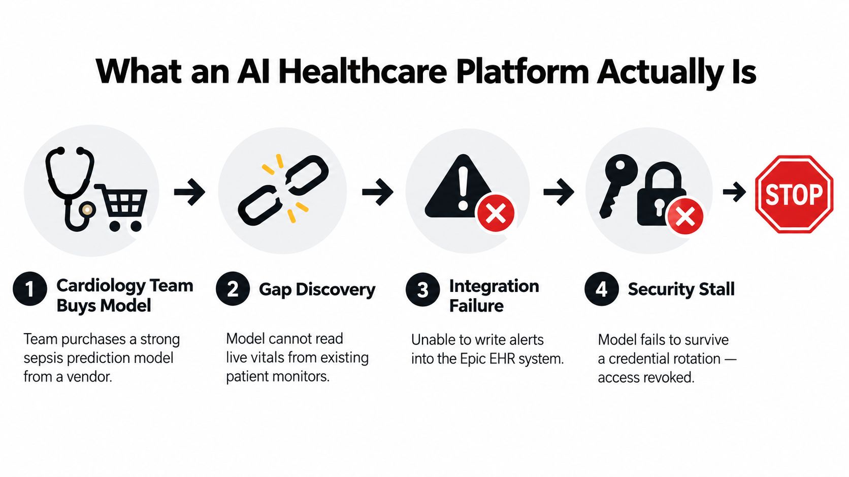 A flowchart showing the four stages of failure in implementing an AI healthcare platform in hospitals.