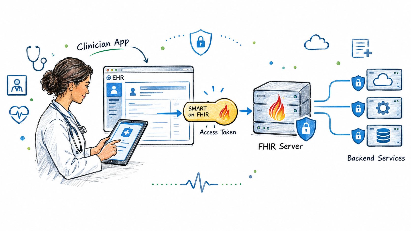 A medical professional using a tablet to access patient data through a secure SMART on FHIR connection.