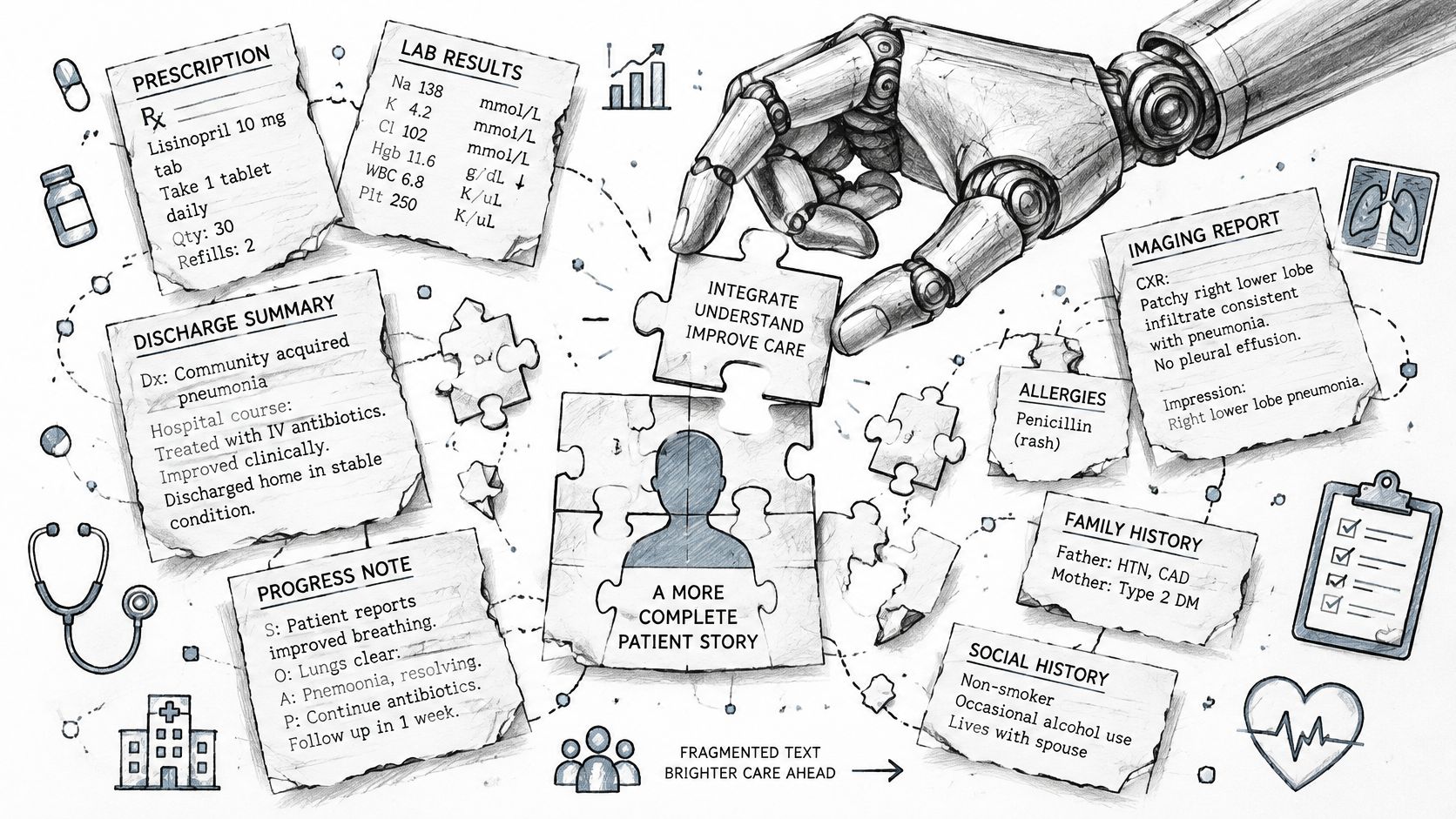 A robotic hand assembling puzzle pieces representing a patient's integrated medical records, including lab results and notes.