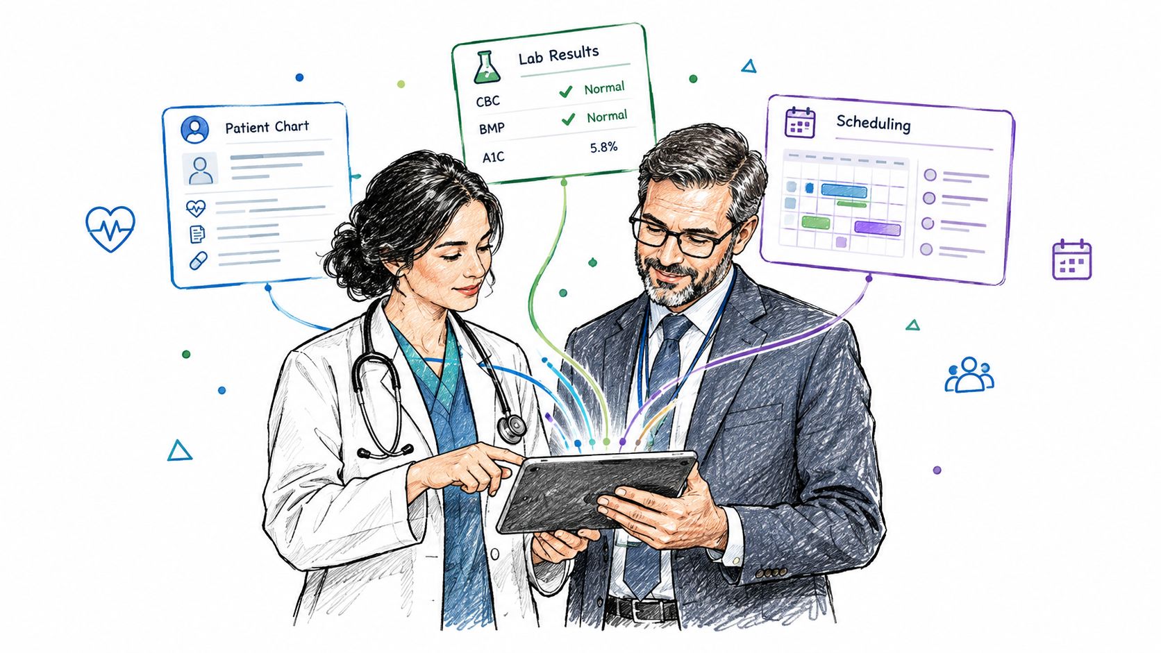 A female doctor and a male businessman reviewing digital healthcare data on a tablet together.