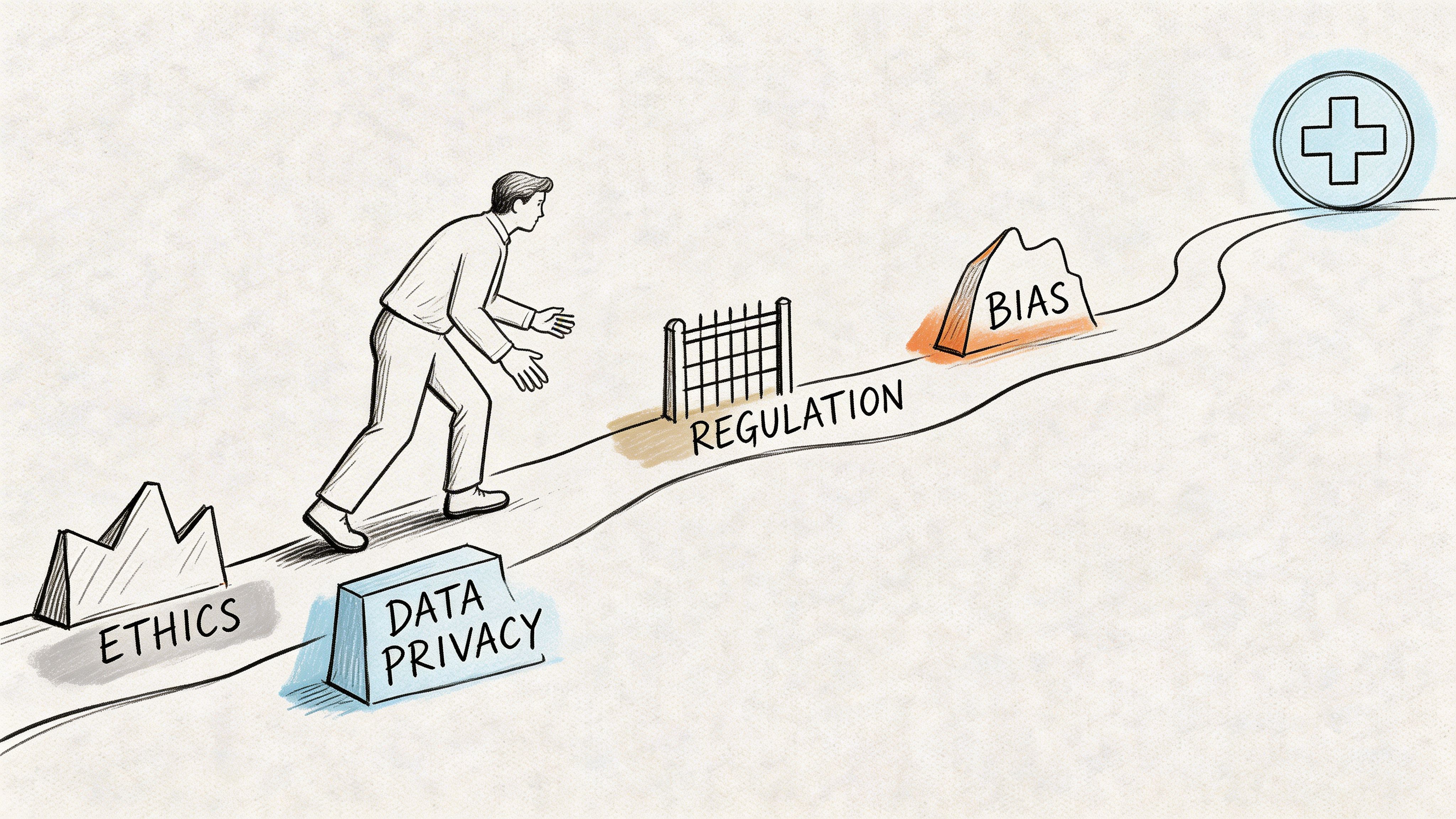 A person navigating a path filled with obstacles like ethics, data privacy, regulation, and bias toward healthcare.