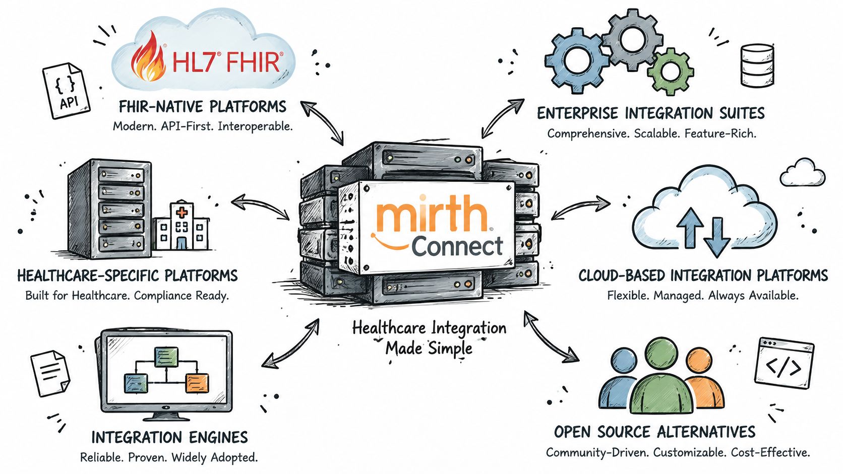 A diagram illustrating Mirth Connect and its role within various healthcare integration ecosystem components and platforms.