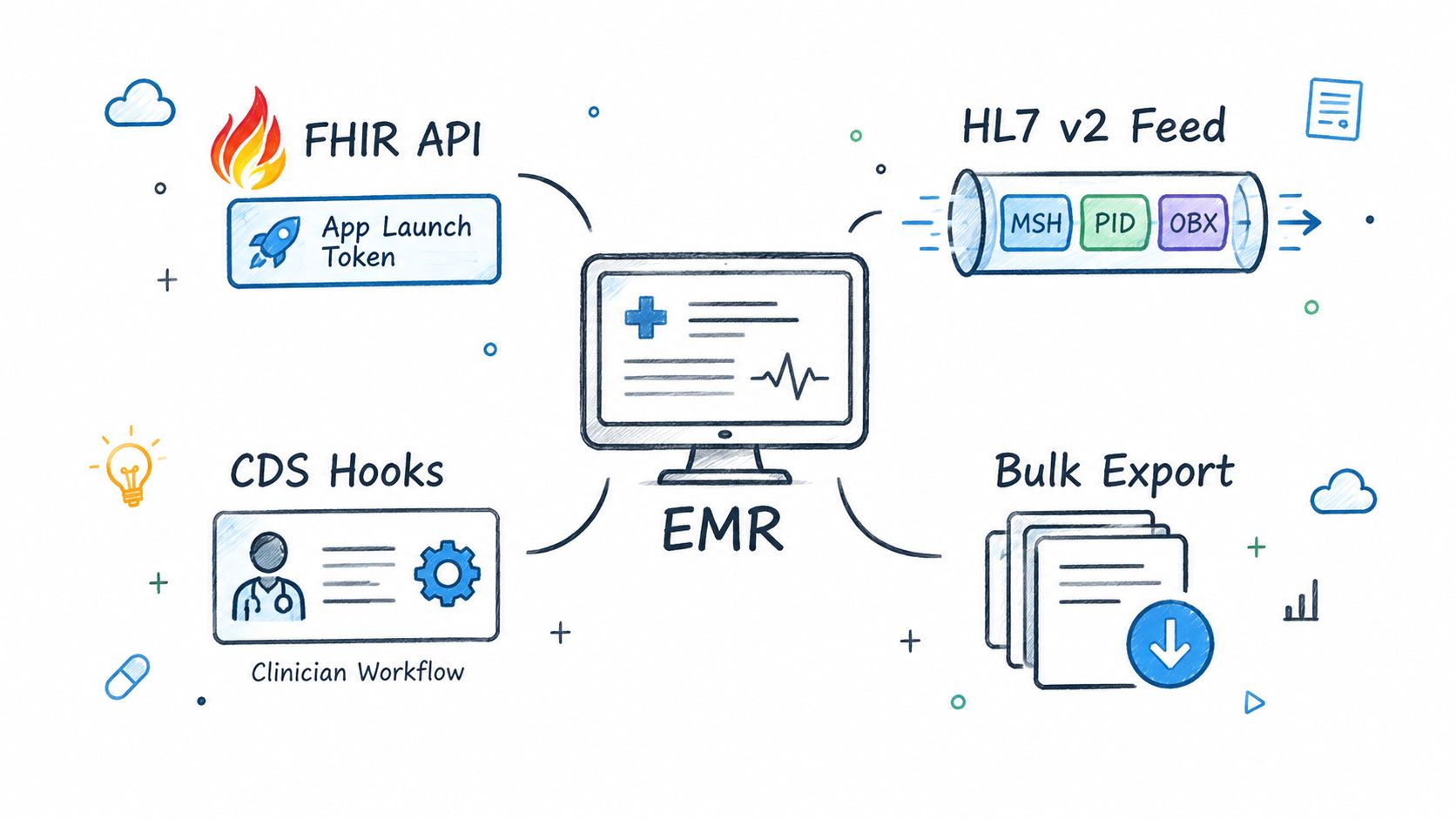 A diagram illustrating the Electronic Medical Record (EMR) system connectivity with FHIR API, HL7 v2 Feed, CDS Hooks, and Bulk Export.