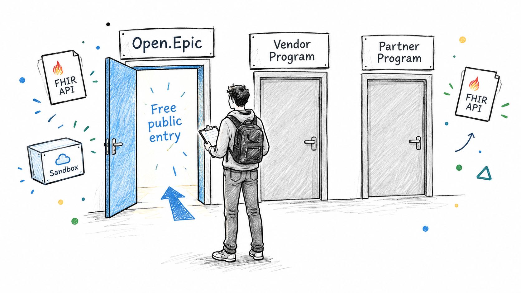 A person standing before three doors labeled Open.Epic, Vendor Program, and Partner Program, with FHIR API symbols.