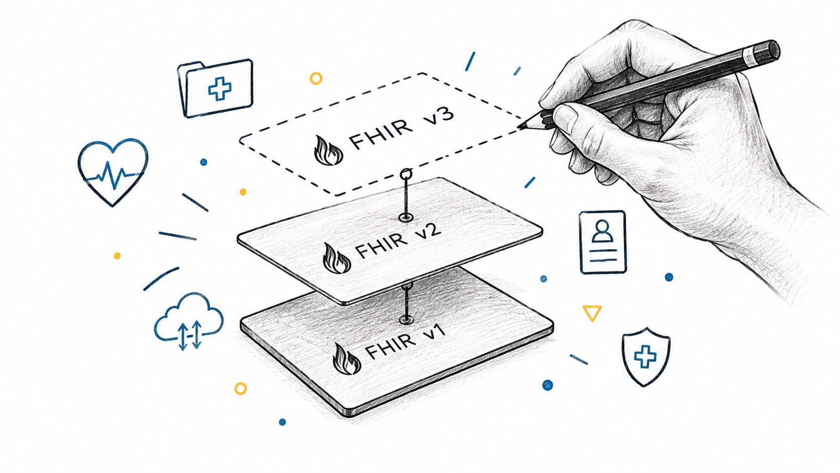 A hand holding a pencil sketching a layered architecture diagram representing FHIR versions one, two, and three.