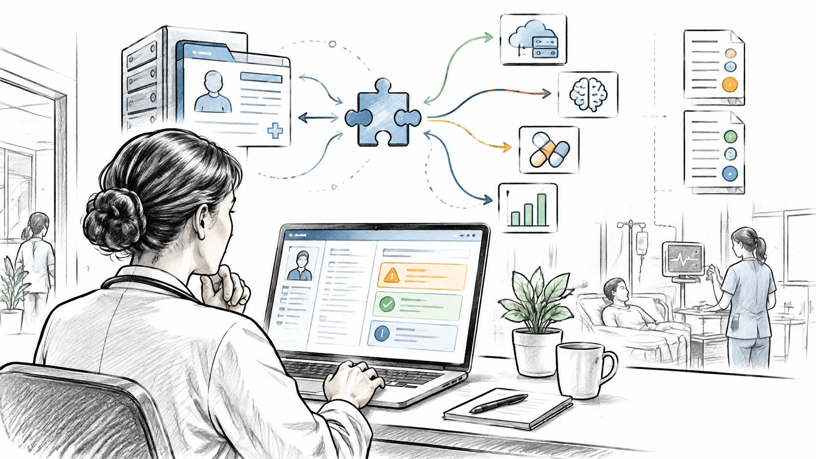 A doctor reviews patient health data on a laptop in a hospital setting with digital connectivity.