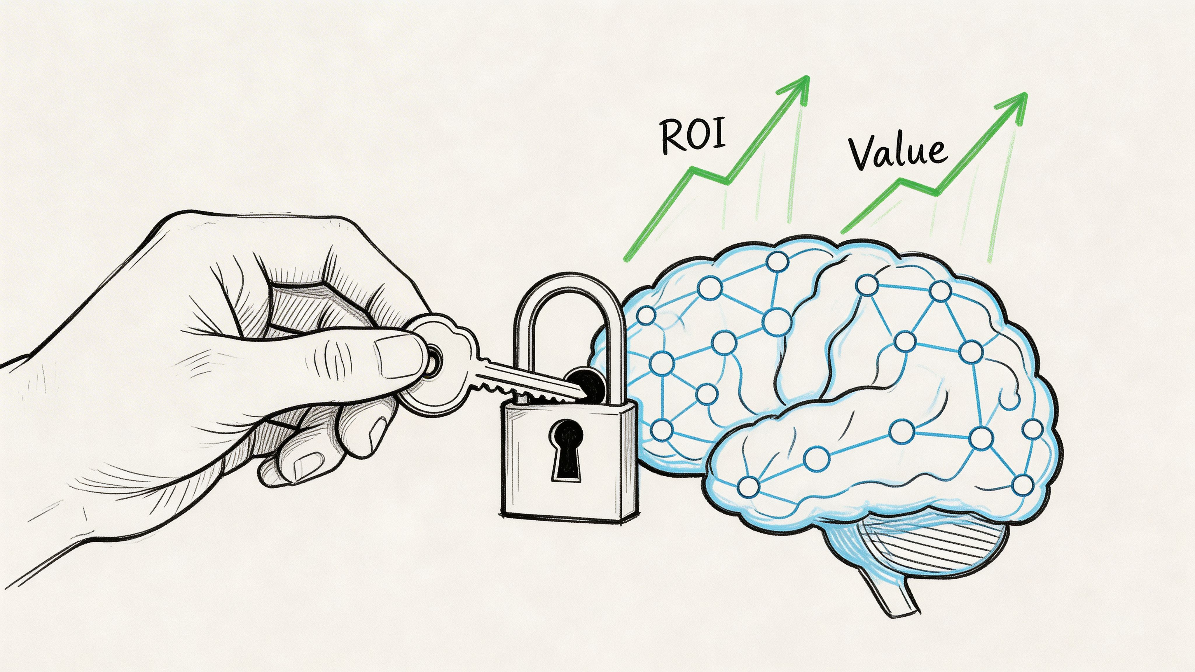 A hand holding a key to unlock a digital brain icon, symbolizing growth in ROI and value.