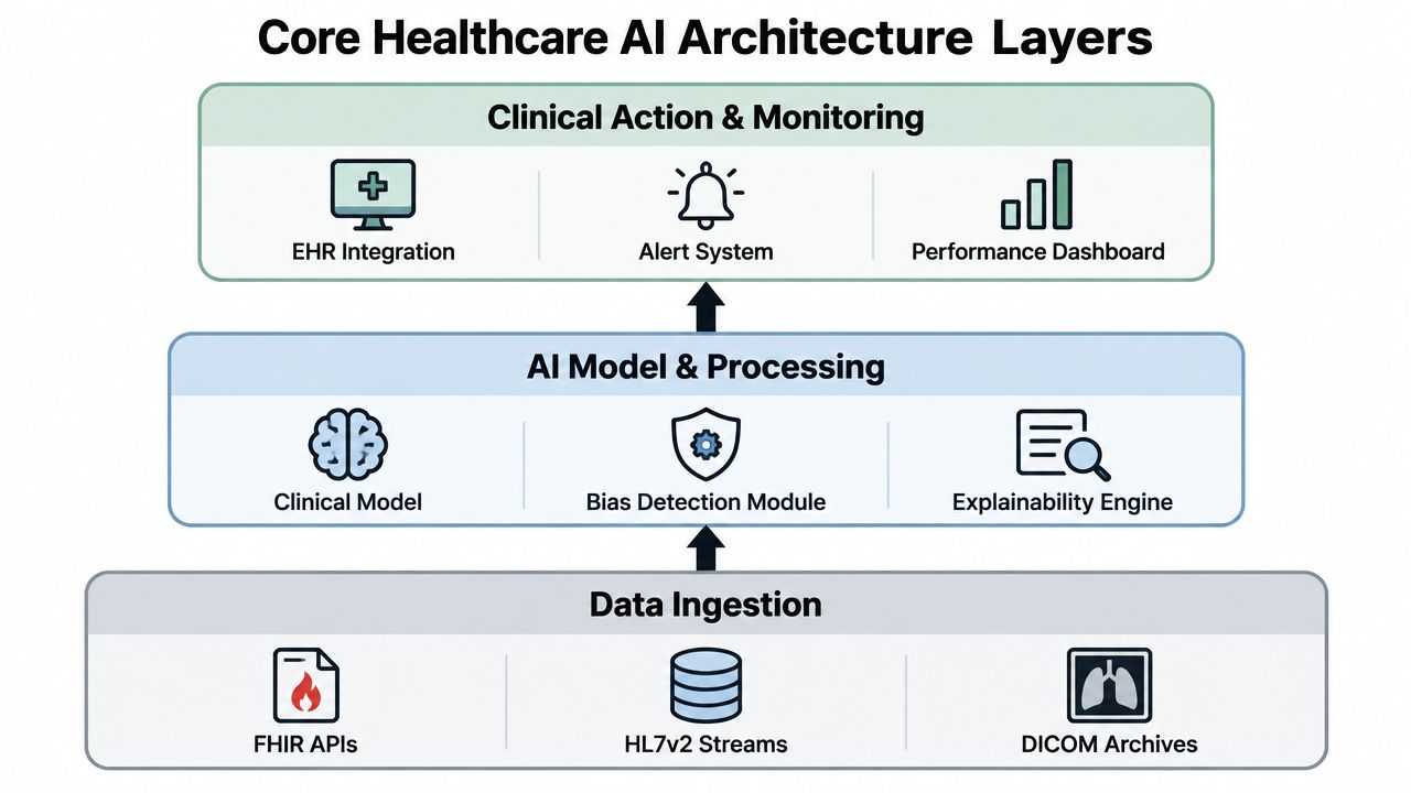 A diagram illustrating the three core layers of a healthcare AI architecture for clinical data processing.