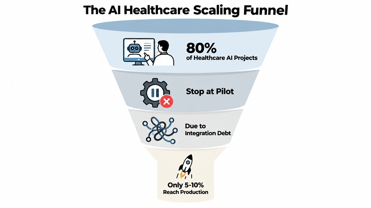 A funnel diagram illustrating that 80% of healthcare AI projects stop at the pilot stage due to integration debt.