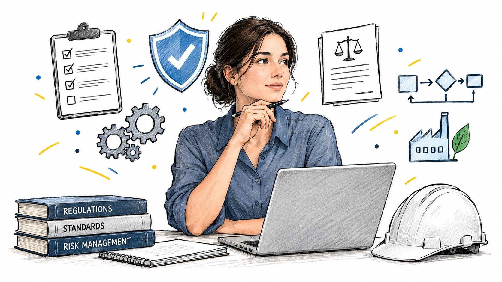 A professional woman working on a laptop surrounded by conceptual icons representing compliance engineering and risk management.