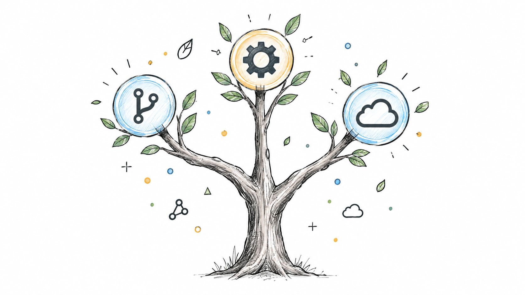 A hand-drawn illustration of a tree featuring icons for code branching, gear settings, and cloud computing technology.