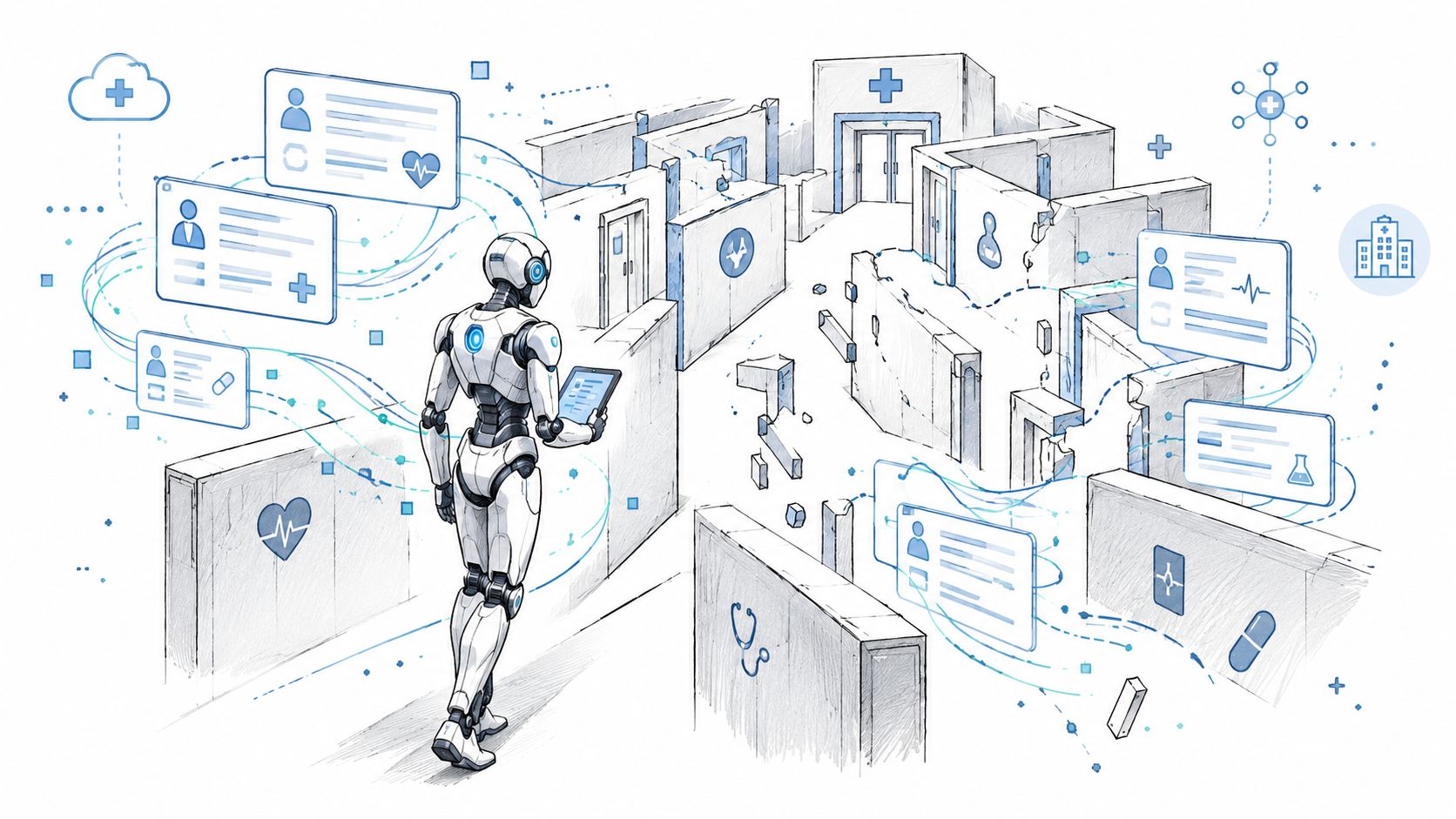 A futuristic robot navigating a complex medical labyrinth while managing patient digital health records and data flows.