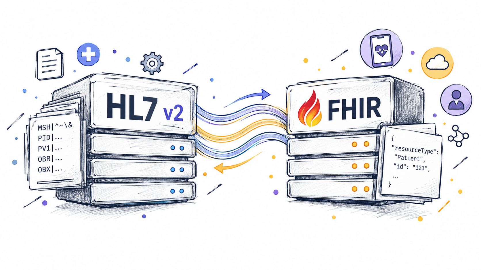 A digital illustration showing the transformation of data from HL7 v2 messages to modern FHIR JSON resources.