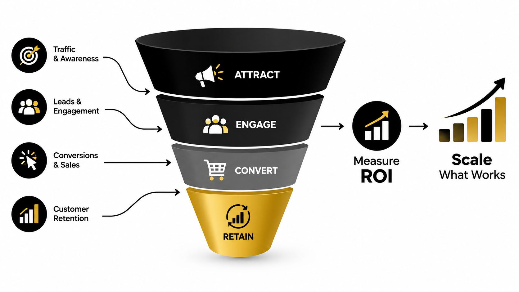A marketing funnel diagram showing four stages: Attract, Engage, Convert, and Retain, leading to measuring ROI and scaling.