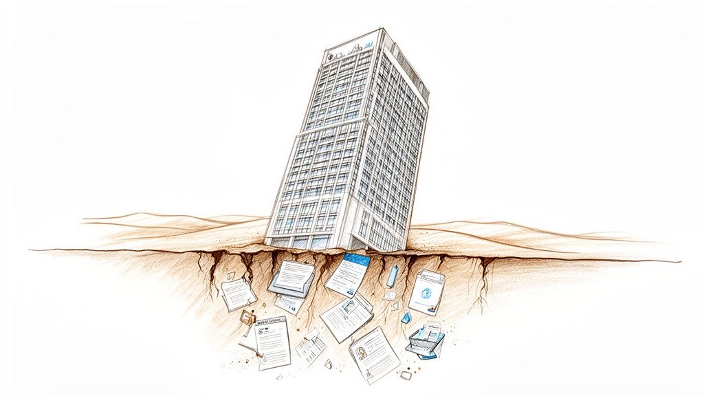 A tall building sinks into cracked earth, documents and files fall into the void below.