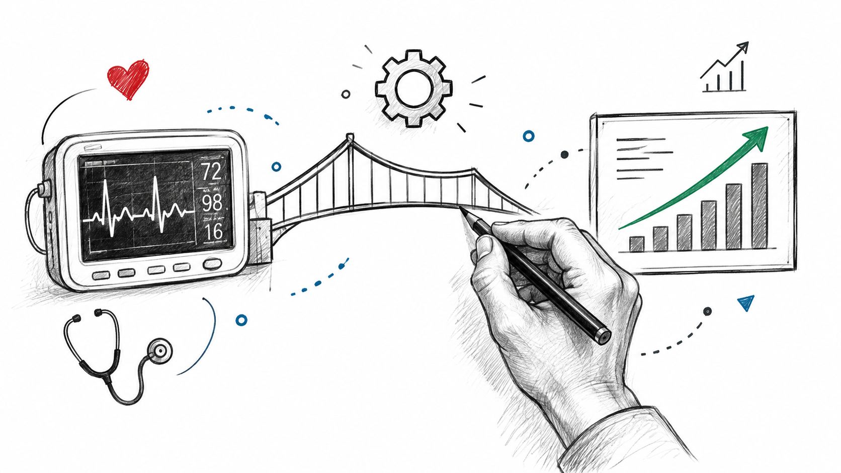 A hand drawing a bridge connecting a medical monitor to a bar chart showing growth.