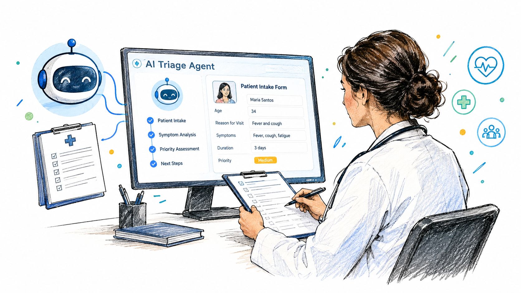 A doctor uses an AI triage agent on a computer screen to assist with patient intake forms.