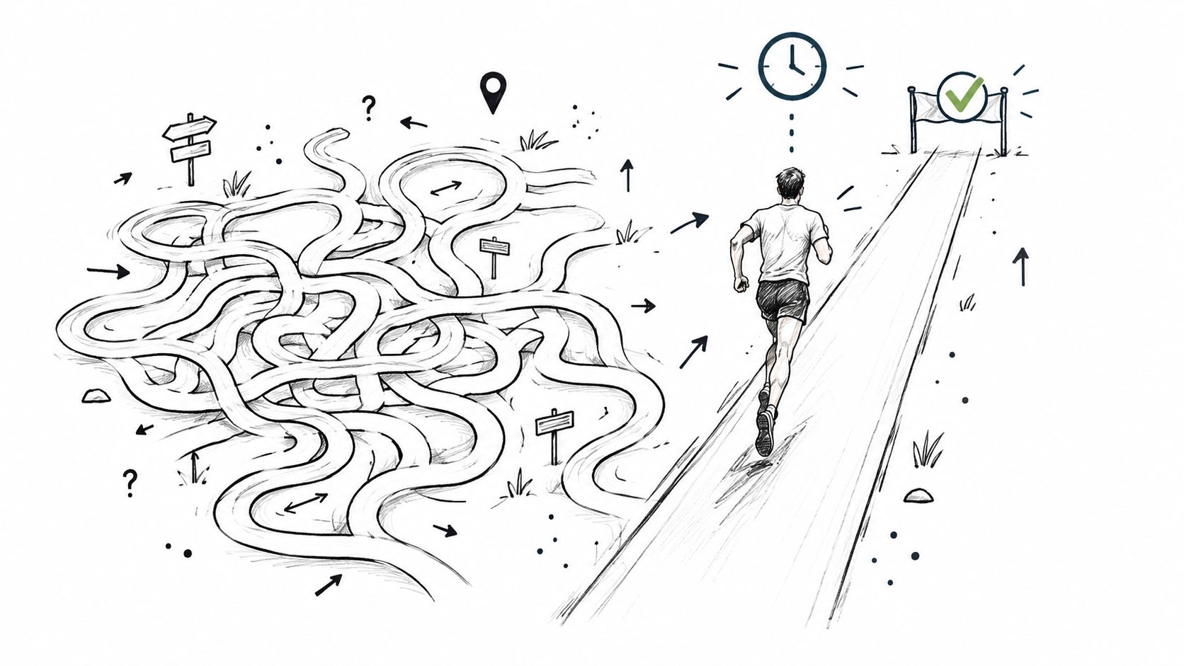 A conceptual sketch illustrating a chaotic tangled maze transitioning into a clear, straight path for a runner.