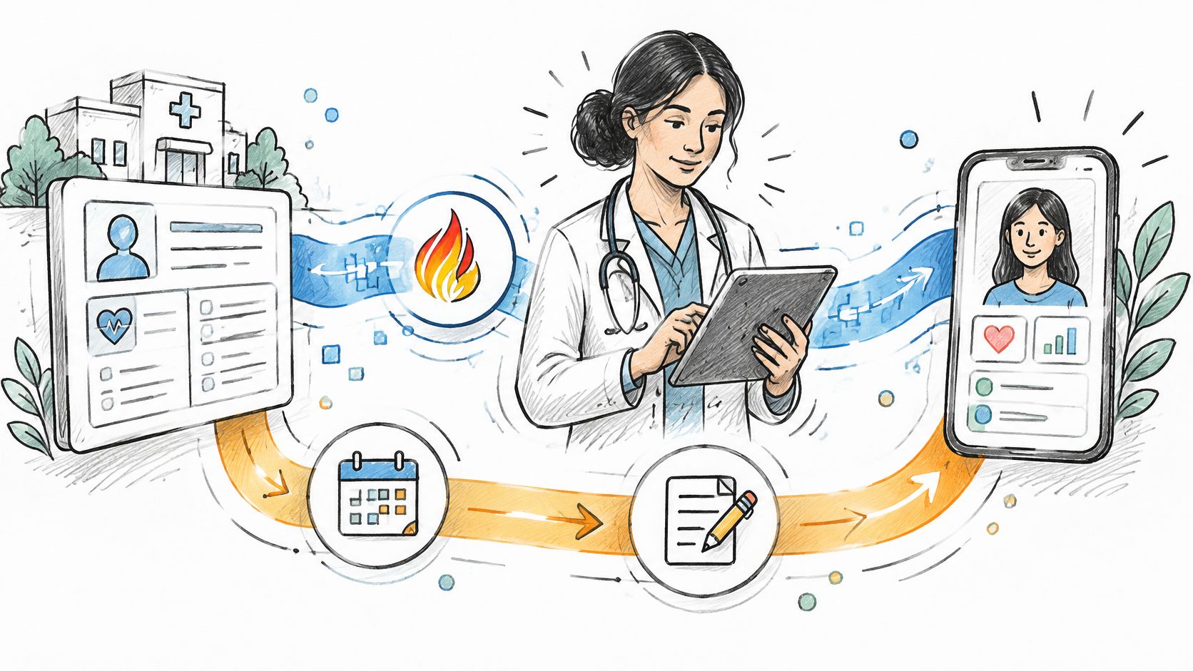 A digital illustration showing a doctor managing health data through an athenahealth API integration between hospital systems.