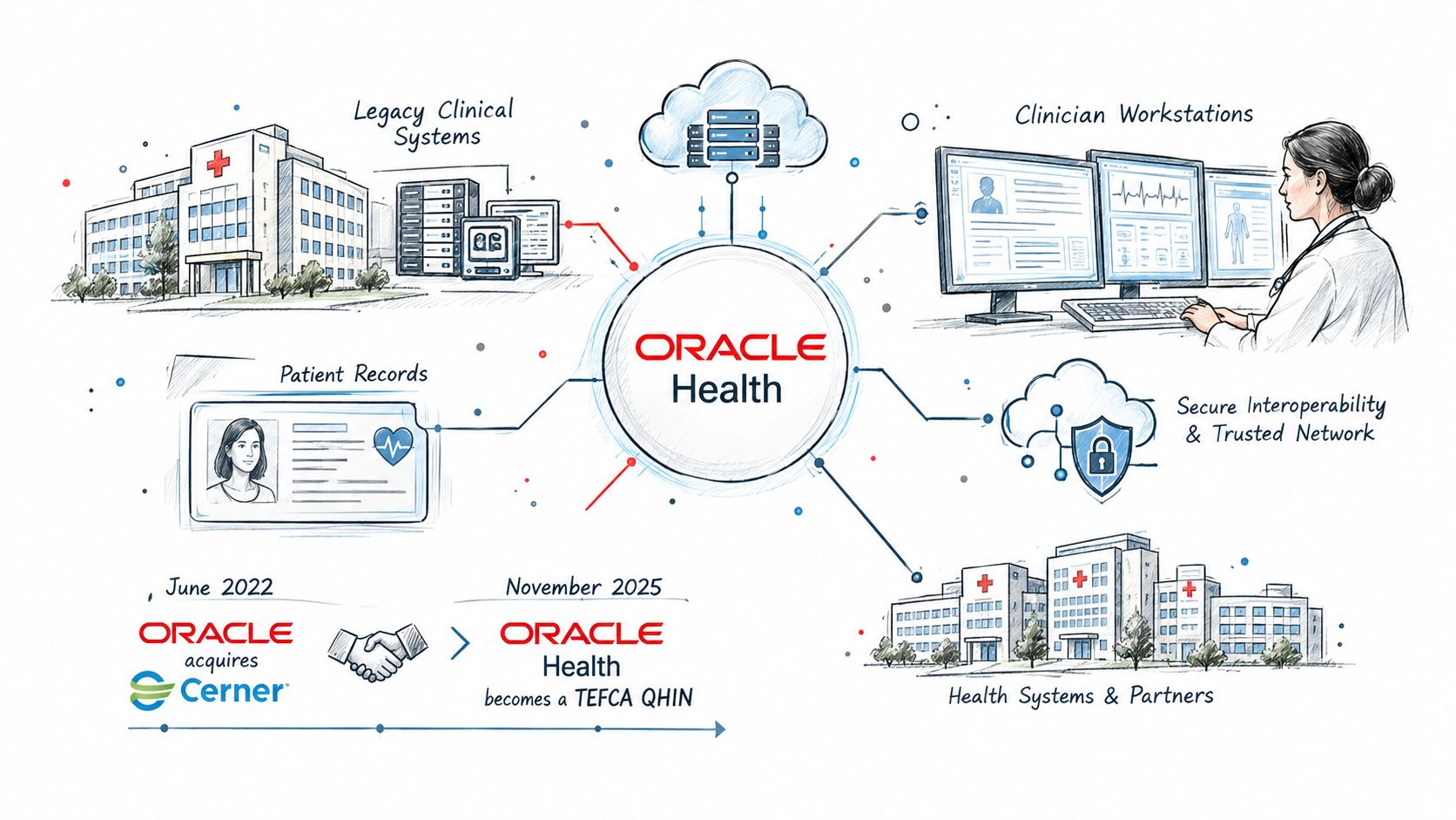 A diagram illustrating Oracle Health integration with clinical systems, patient records, workstations, and health networks.