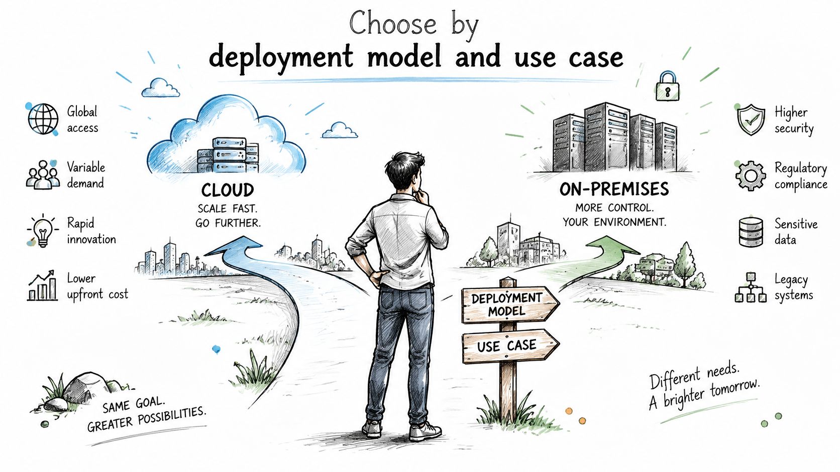 A person standing at a fork in the road choosing between cloud deployment and on-premises infrastructure.