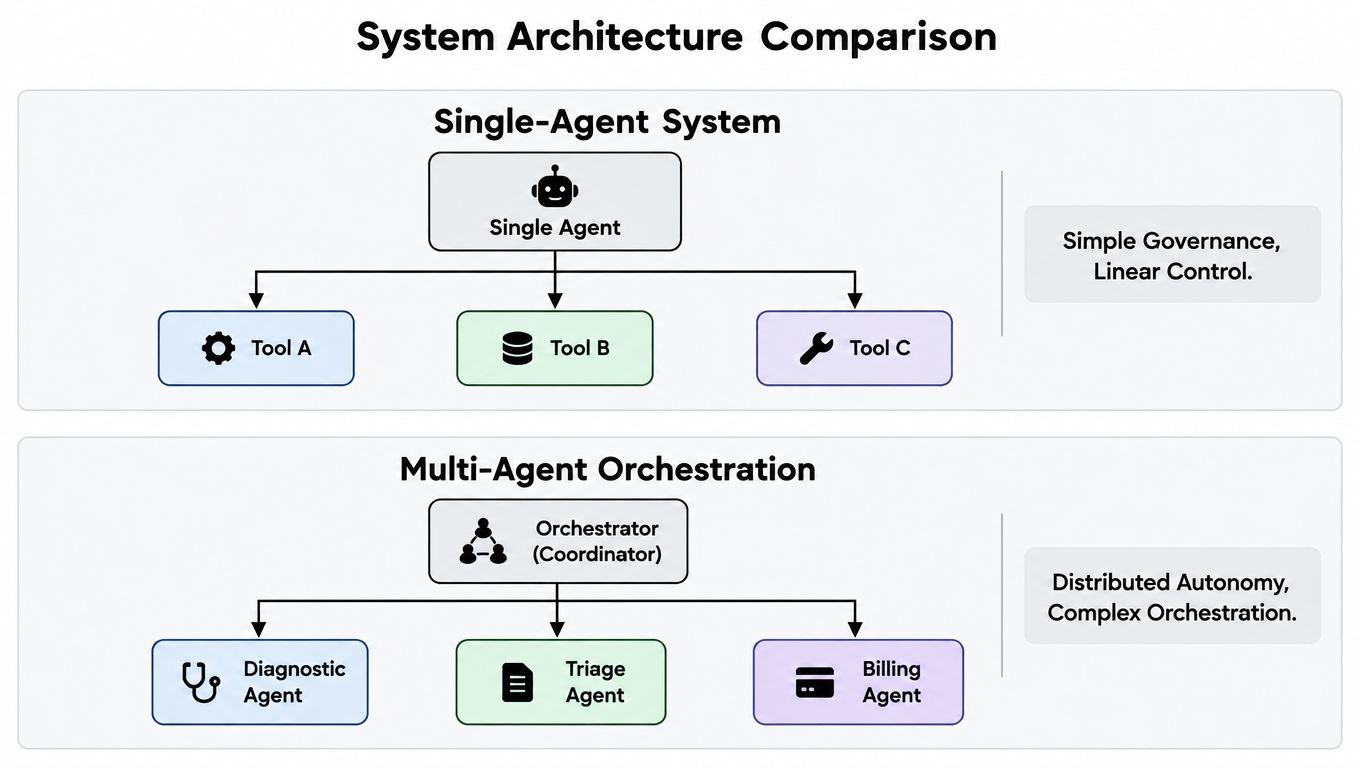 A diagram comparing single-agent systems versus multi-agent orchestration architectures for artificial intelligence workflows.