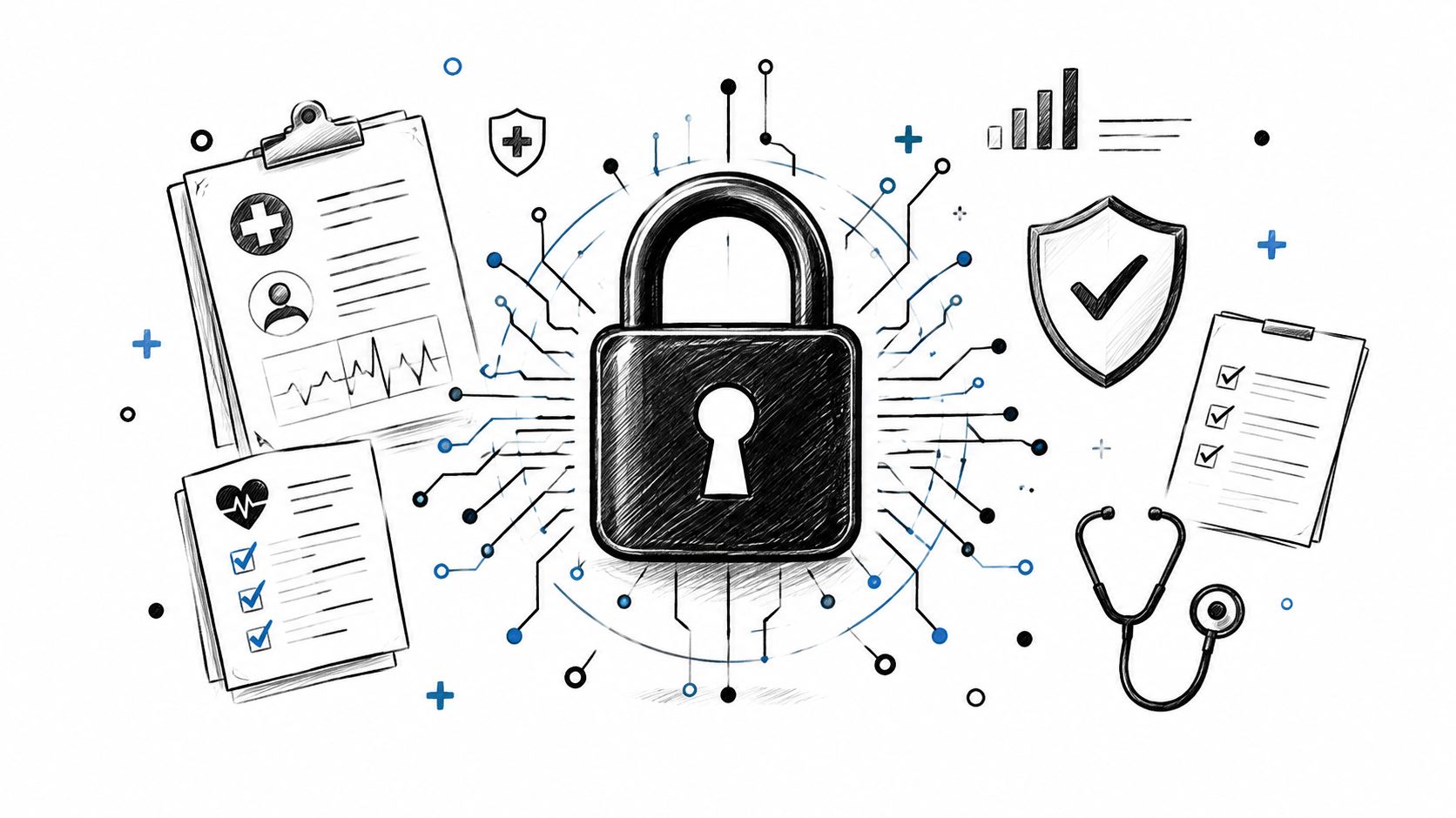 A conceptual illustration featuring a central security padlock surrounded by digital circuit lines, medical charts, and a stethoscope.