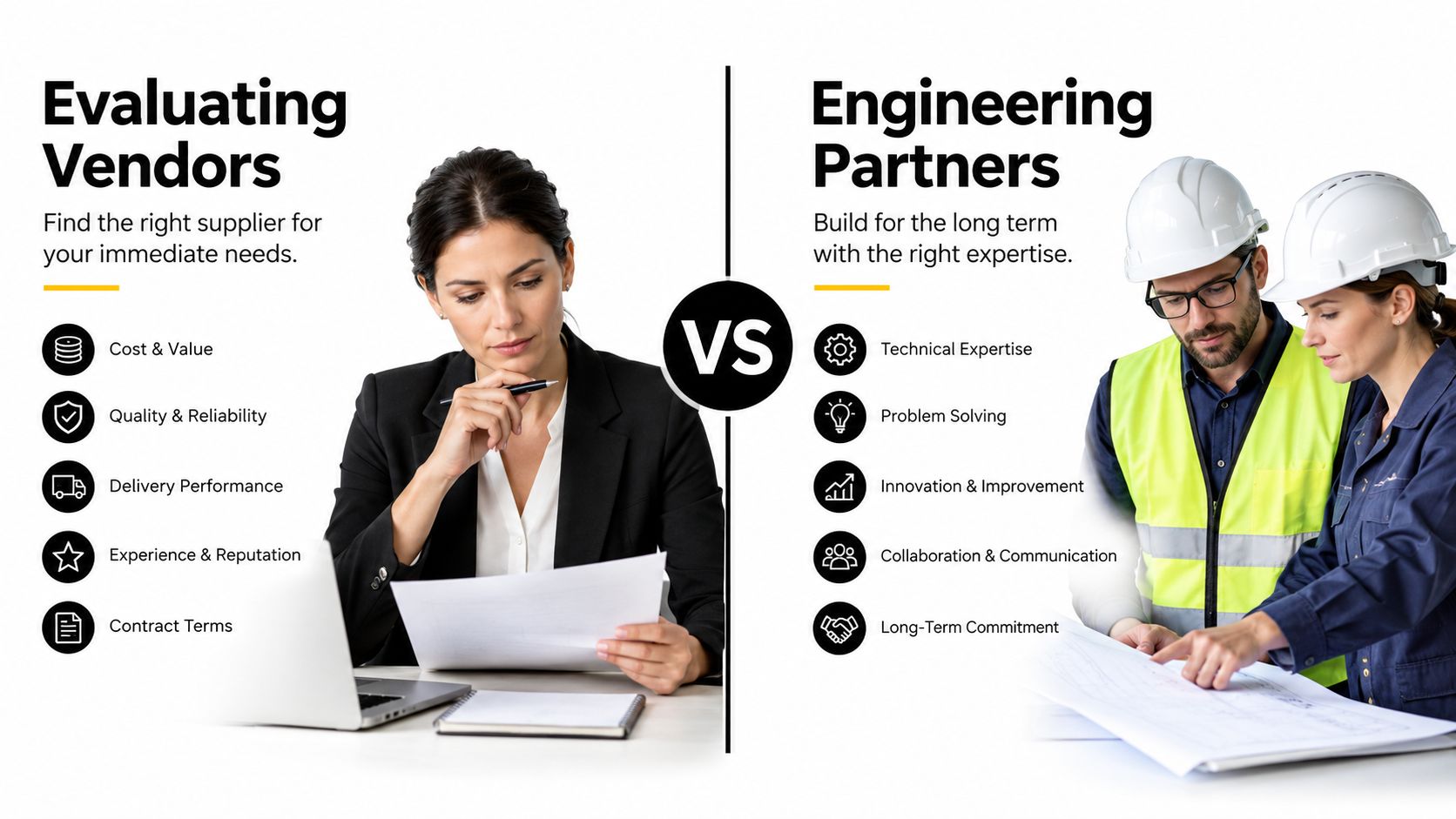 A comparison graphic between evaluating business vendors and building long-term engineering partnerships in a professional setting.