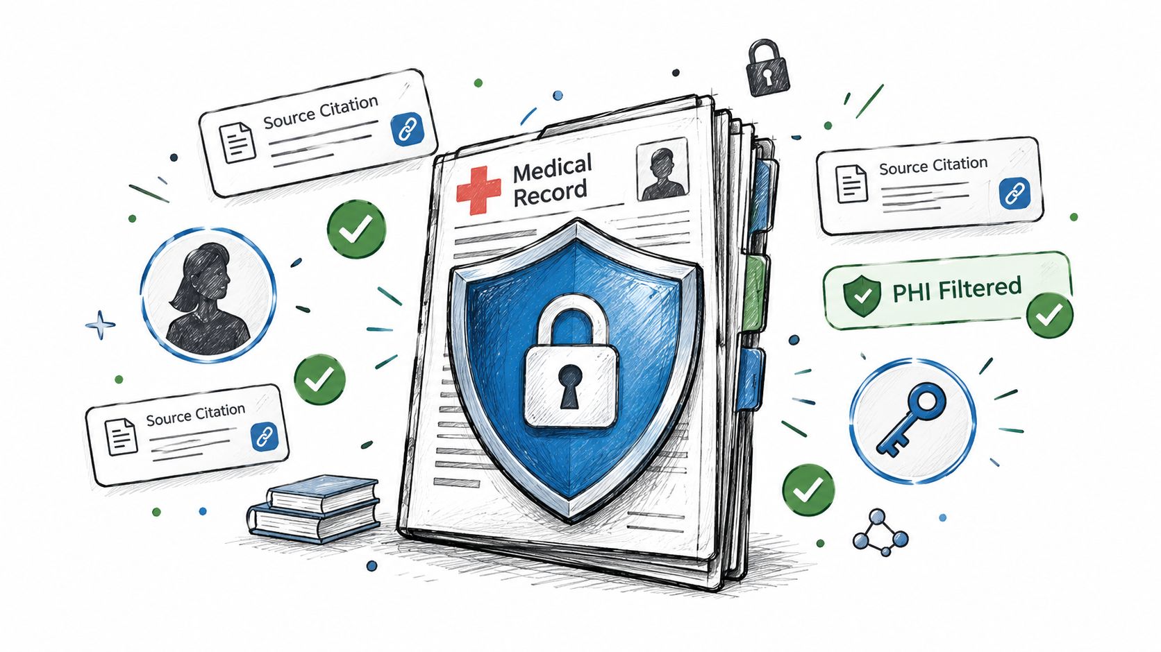 A secure medical record document folder protected by a shield and lock icon, representing PHI data security.
