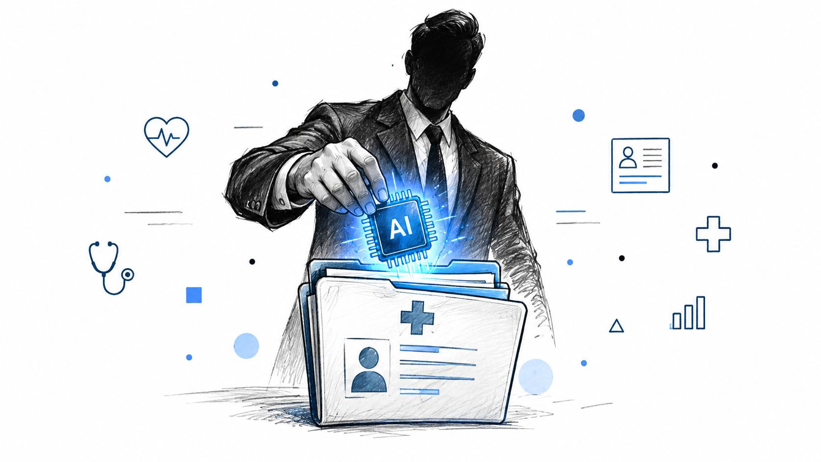 A professional figure places a glowing AI chip into a medical patient file folder.