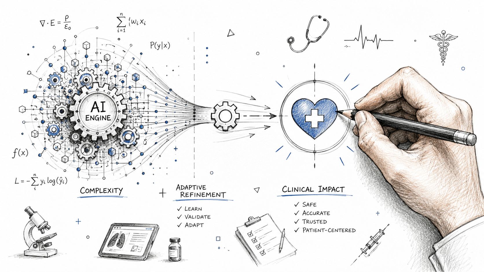 A hand drawing a heart icon with medical cross representing AI-driven personalized treatment recommendations in healthcare.