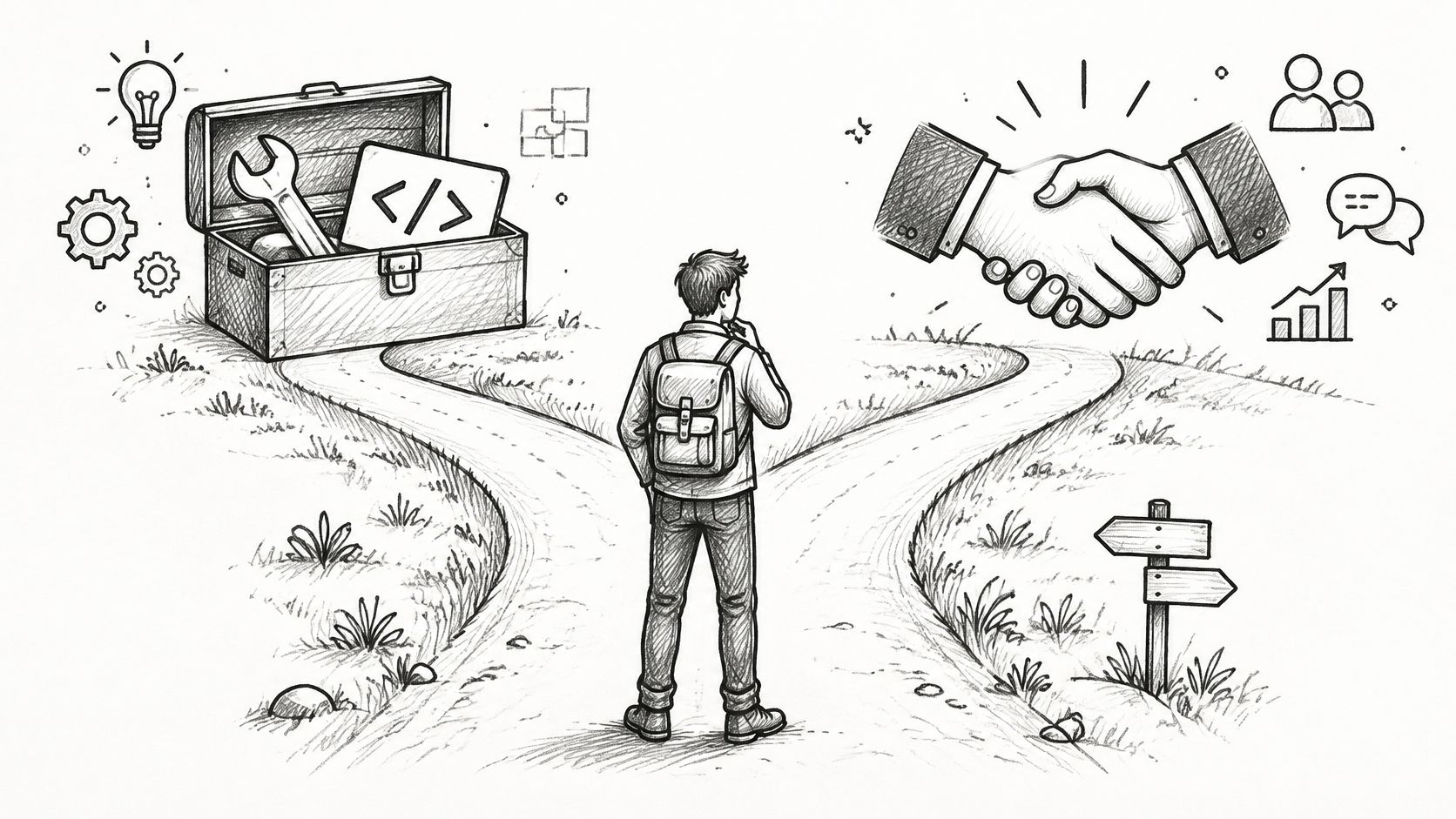A person standing at a crossroads deciding between technical development skills and professional business partnership opportunities.