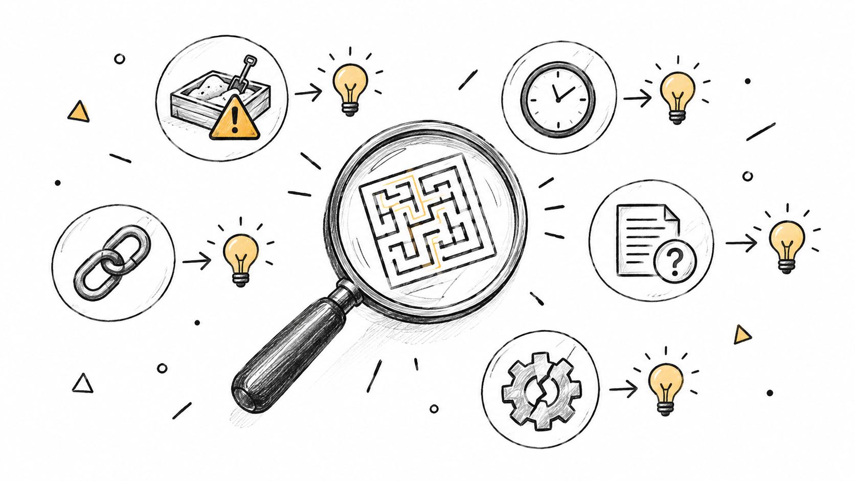 A hand-drawn illustration depicting a magnifying glass over a maze, surrounded by icons of investigation and problem-solving.